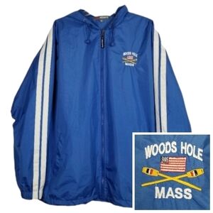 Woods Hole Mass Windbreaker Jacket Full Zip Kenpo Mens Size XL Blue Hood Stripe